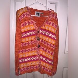Story Book Knits Medium Orange Button Up Aztec‎ Cardigan fringe  beaded unique
